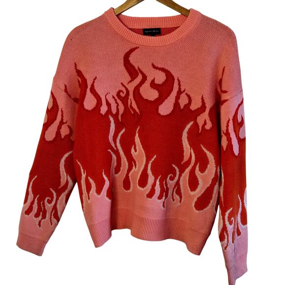 Size M – Pink & Orange Fire Print Oversized Knit Sweater - Picture 1 of 4